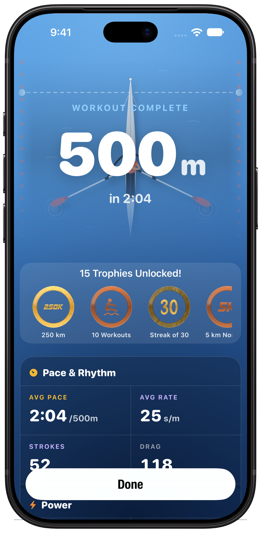 Workout Complete: a 500 m row in 2:04, the trophies it unlocked, and the average pace and stroke rate