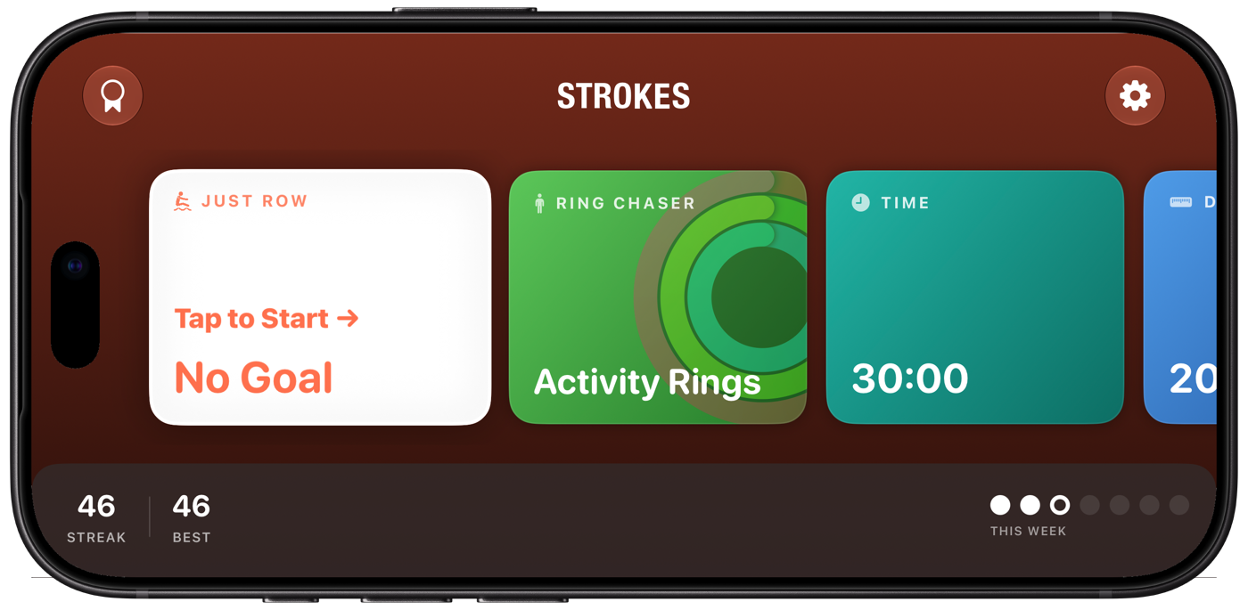 The home screen in landscape: workouts in a row