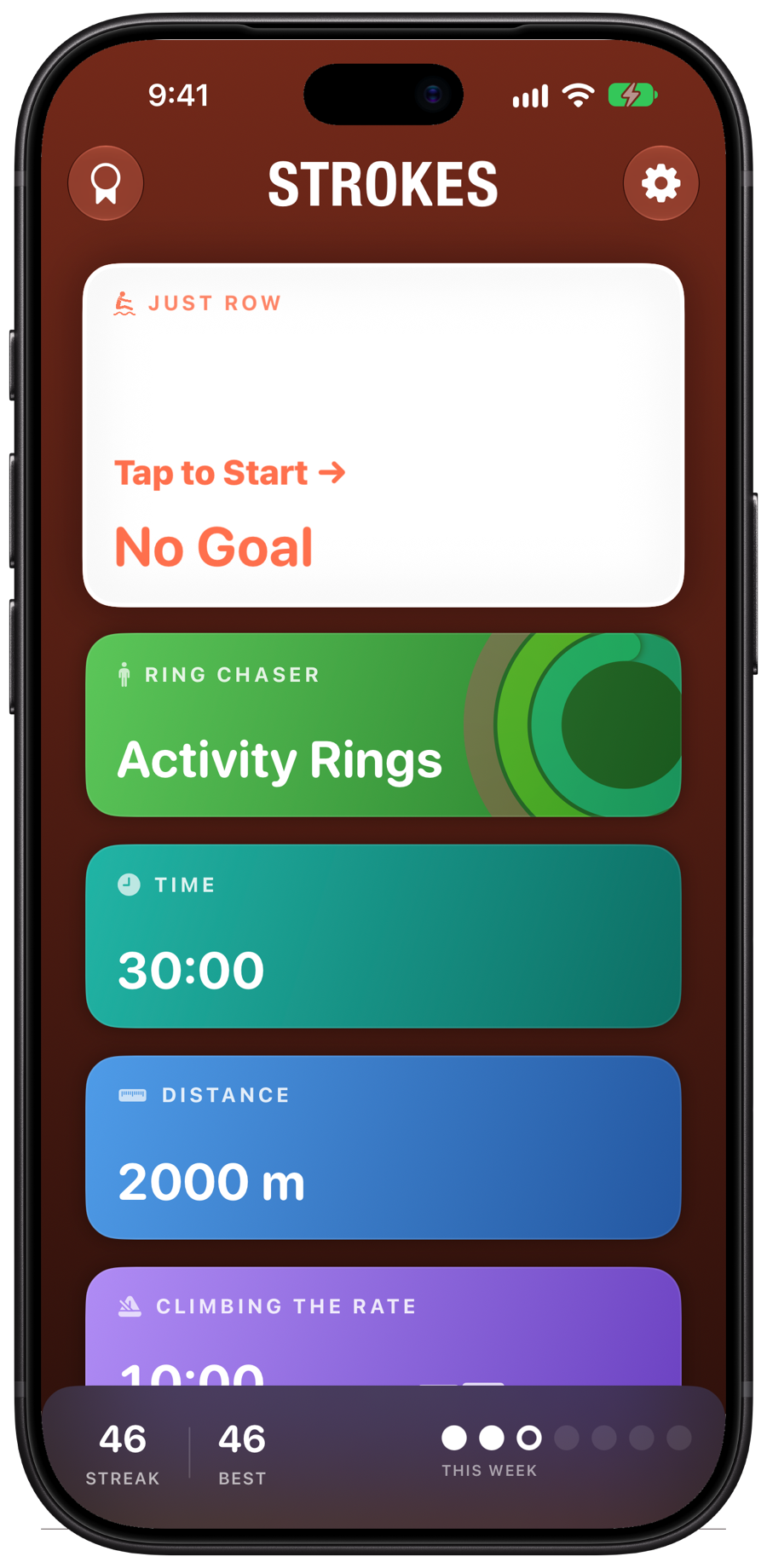 Streaks Strokes home screen: your workouts as coloured tiles, with the streak underneath