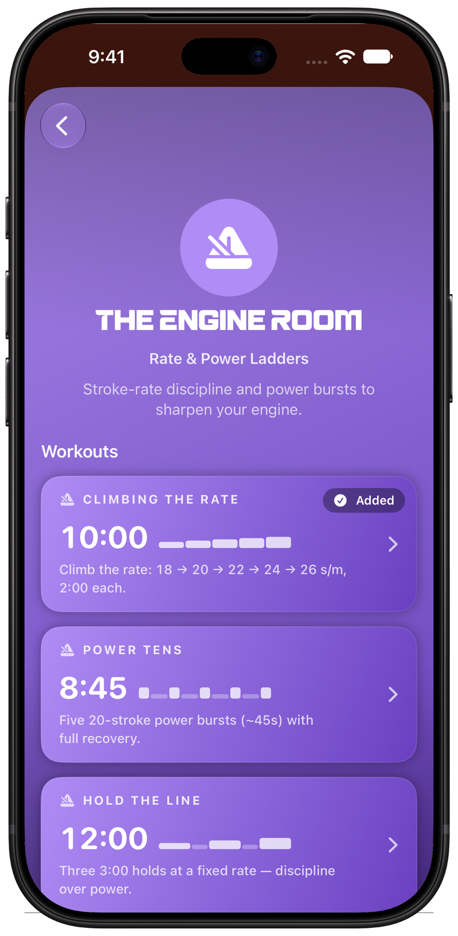 A workout pack: each workout with a bar showing its structure