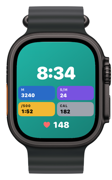 The Apple Watch app during a row, in the workout's colours