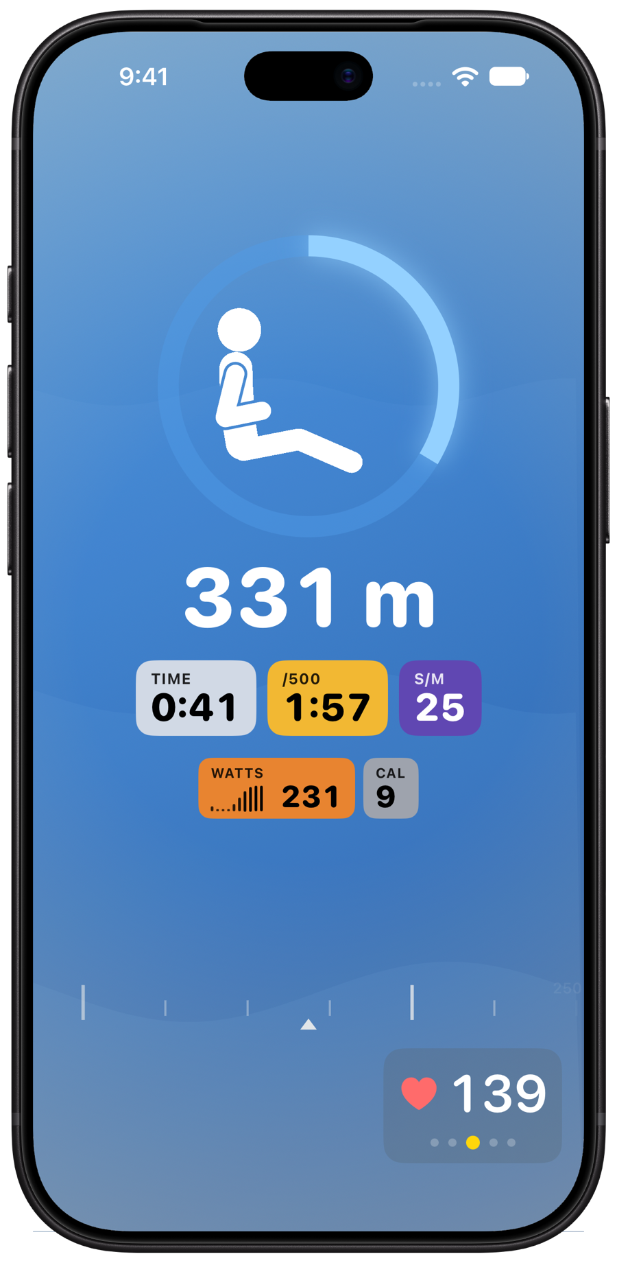 Live workout: the ring filling around the rower, with pace, stroke rate, power and heart rate