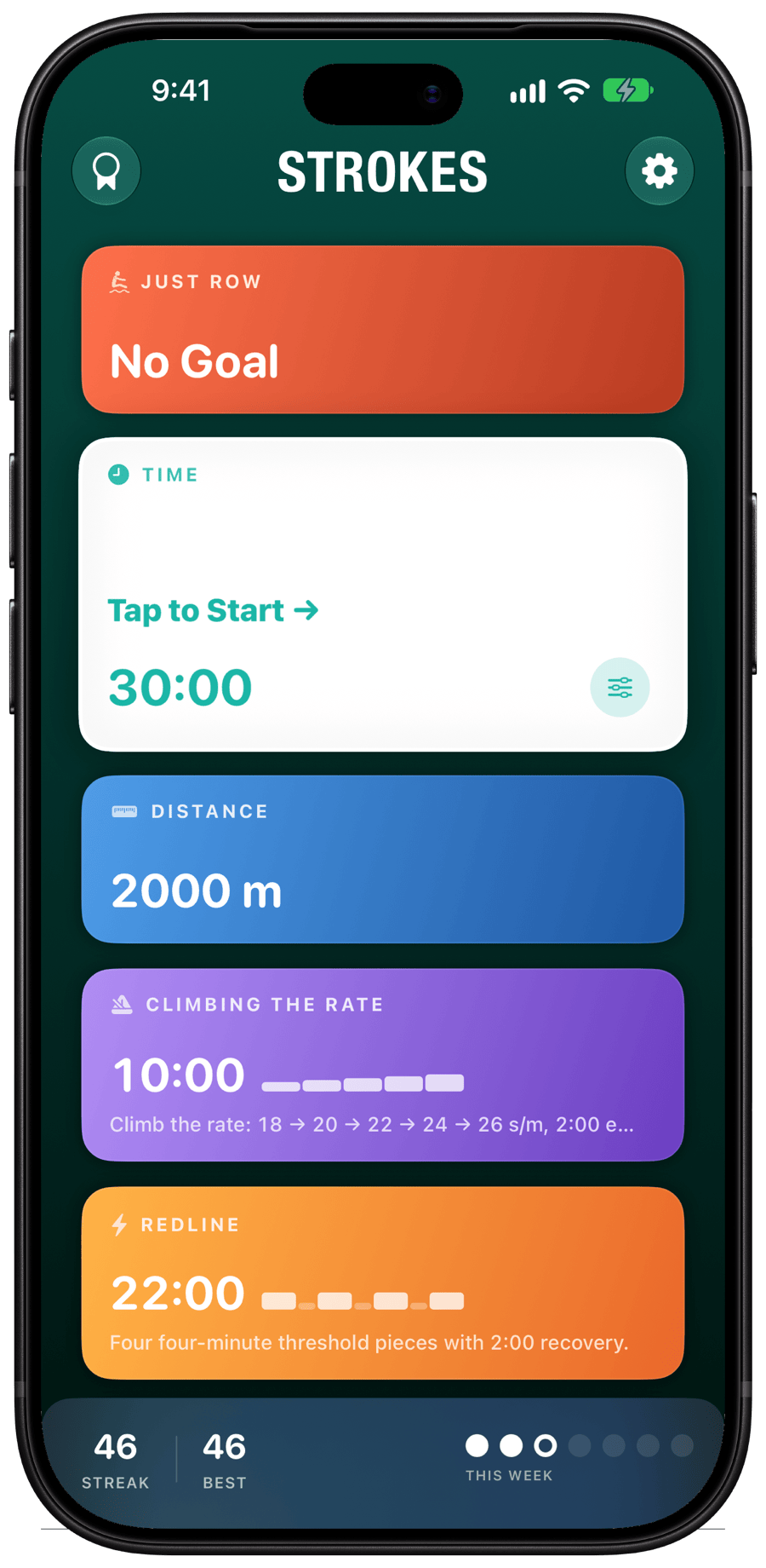 Home. Your workouts as tiles, streak underneath.