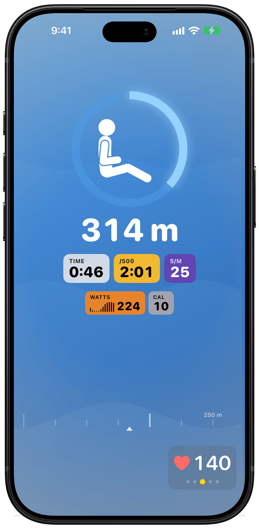 A live row. Ring, pace, rate, power, heart rate.